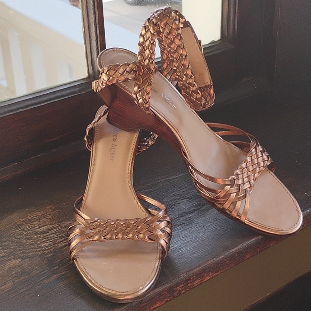 Etienne Aigner Braided Sandals Ankle Straps, Bronze 3-Inch Heel, Party Size 8.5M